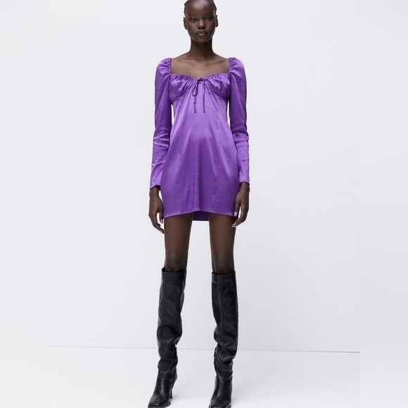 Zara RUCHED purple SATIN EFFECT DRESS Size Small - Picture 5 of 8